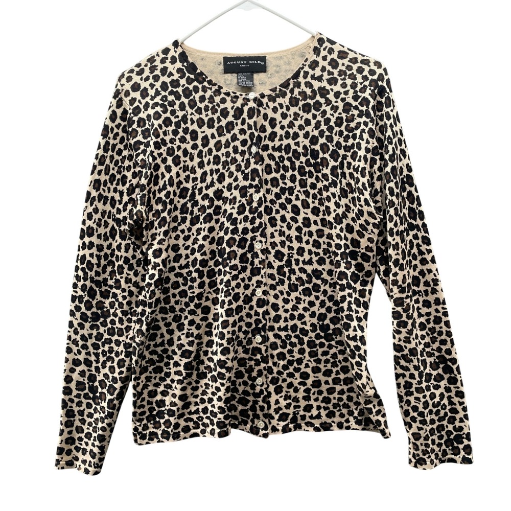 August Silk 100% Silk Leopard Print Cardigan Womens L Button Front Crewneck Knit